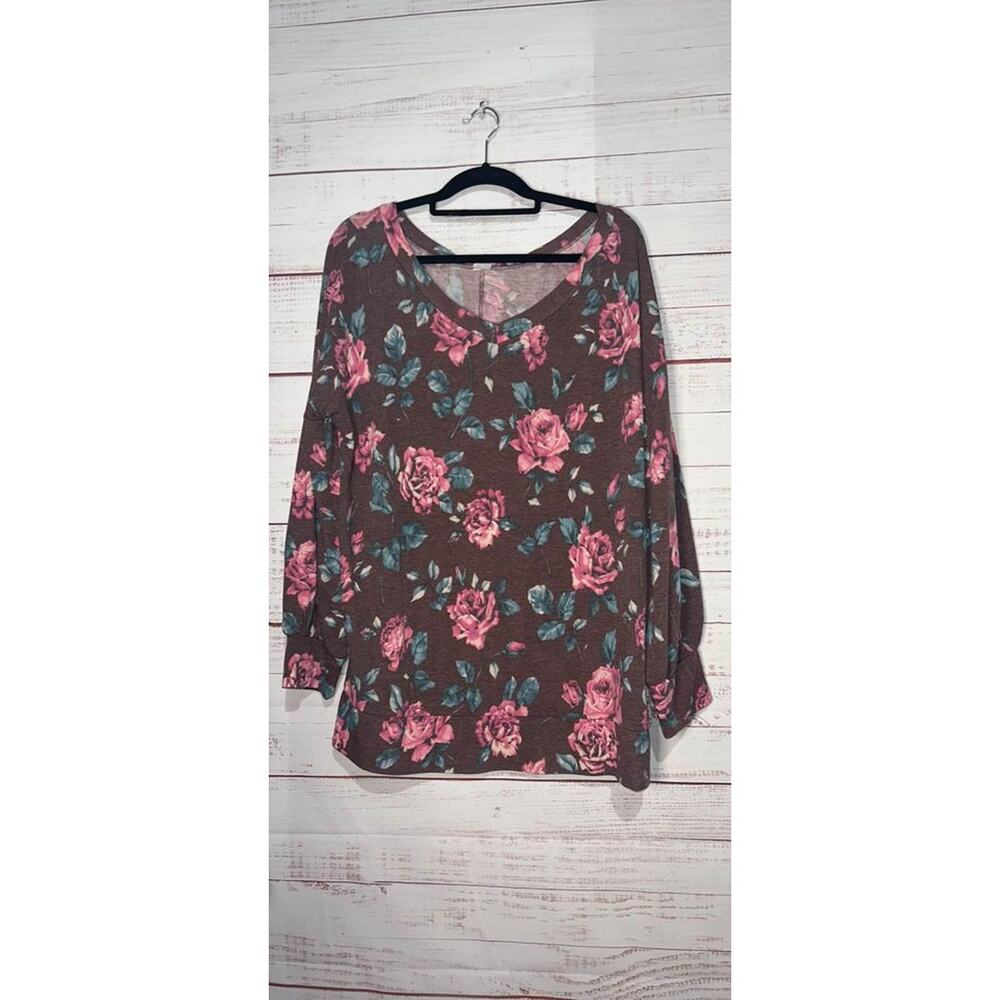 Honeyme Curve Boutique Mauve Floral Balloon Sleeve Top | XL | New Without Tags